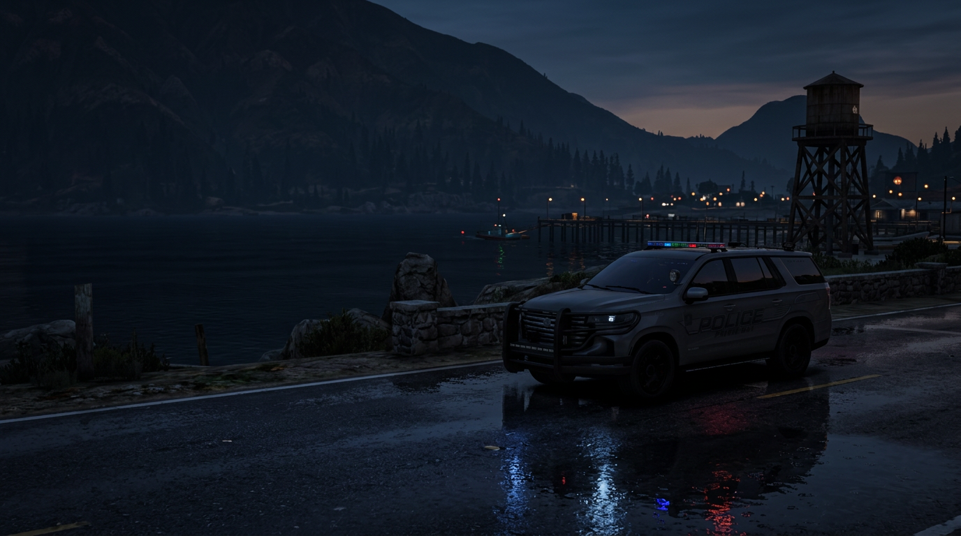 Paleto Bay police SUV parked on the wet coastal road at dusk